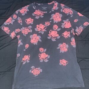 All Saints Men's Dark Gray and Red Rose Tee